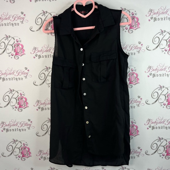Lava Tops - Lava tank top long mini dress button up Black Sleeveless Top collared pockets